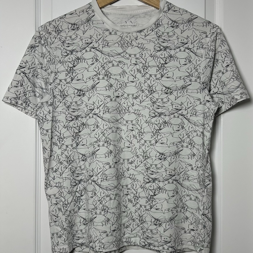 Armani Exchange AX White All‎ Over Sea Creature Line Art Graphic Print T-Shirt